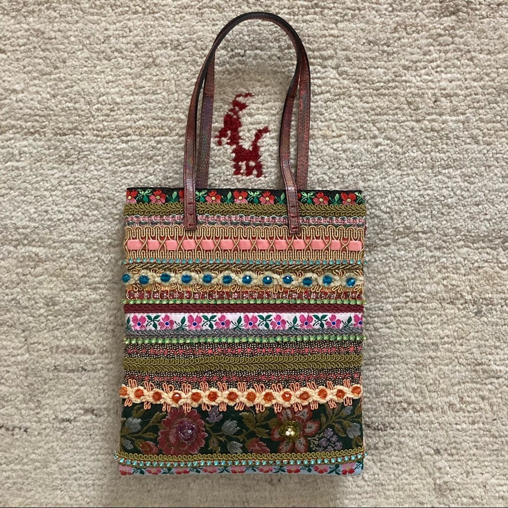 AUTH FENDI VINTAGE TAPESTRY FLORAL BEADED TEXTURED JEWELED SNAKE MINI TOTE BAG!!